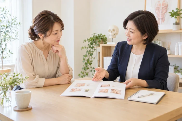 サロンへの技術導入について資料を見ながら話し合う相談イメージ（AI生成）