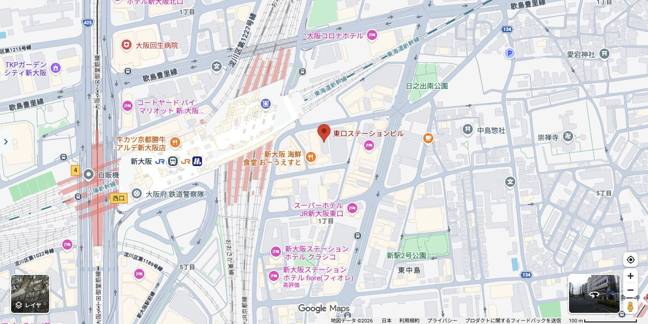 新大阪駅の東側にある東口ステーションビルの位置を示すGoogleマップ。大阪校は同ビル1005号室